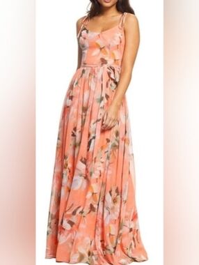 Dress the Population Hollie Coral Pink Floral Maxi sz S Summer Wedding Guest